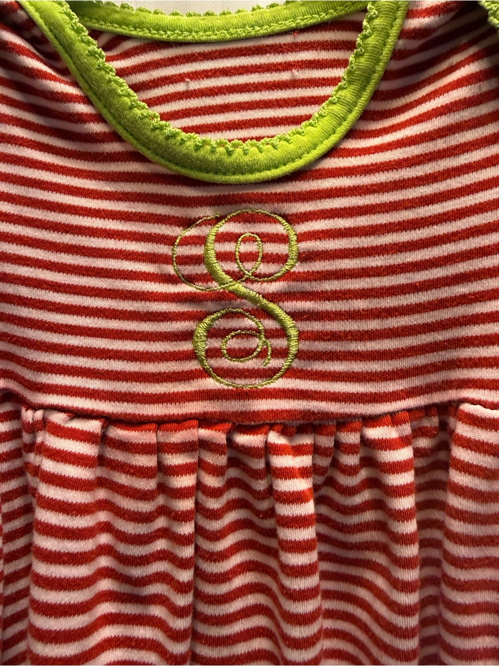 Squiggles Striped Red & White nightgown with an embroidered “S”. Sz. 0-3 mos.